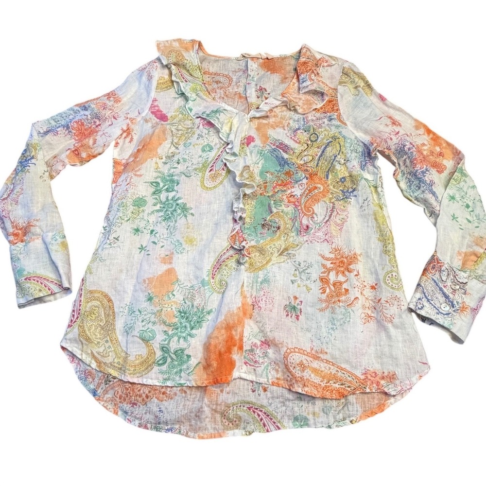 Soft Surroundings Adeline Women's Linen Paisley Ruffle Blouse Medium Feminine